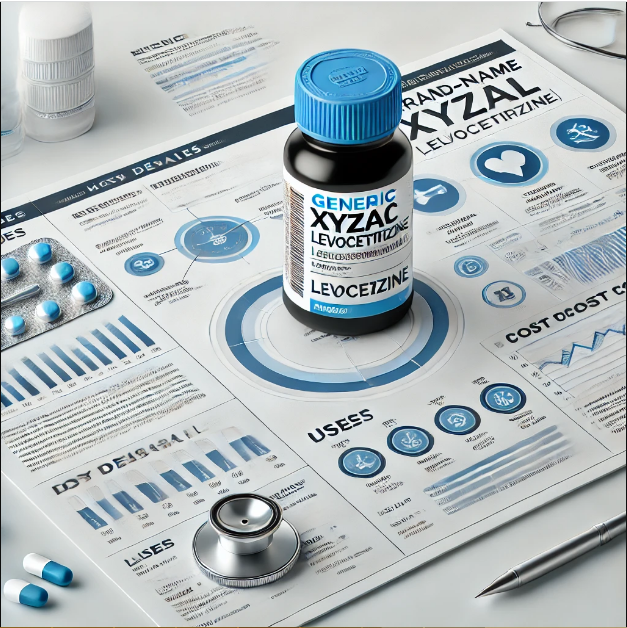 A bottle of generic Xyzal (levocetirizine) with a description of its uses dosage and cost comparison.