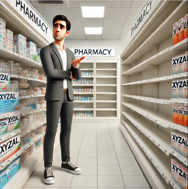A person looking at empty pharmacy shelves where Xyzal used to be stocked with a confused expression.