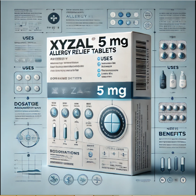 A box of Xyzal 5 mg tablets with a description of its uses dosage and benefits.