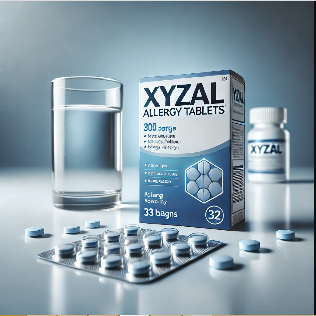 A pack of Xyzal allergy tablets with a glass of water commonly used for allergy relief.
