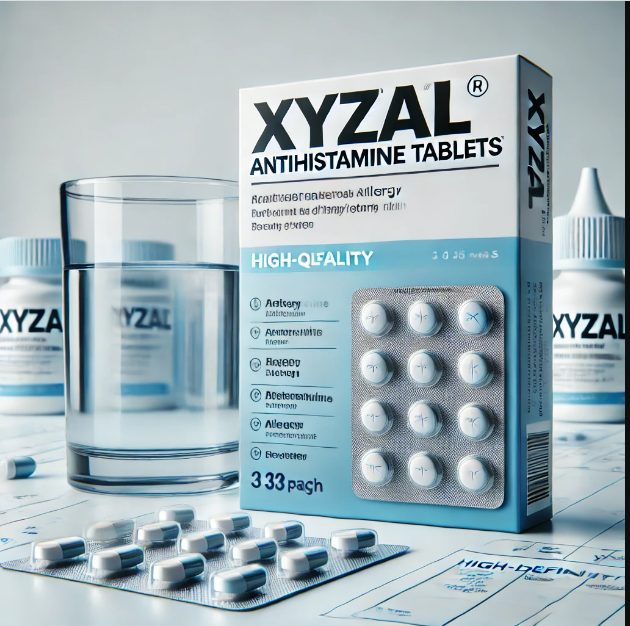 A pack of Xyzal tablets with a glass of water commonly used for allergy relief.