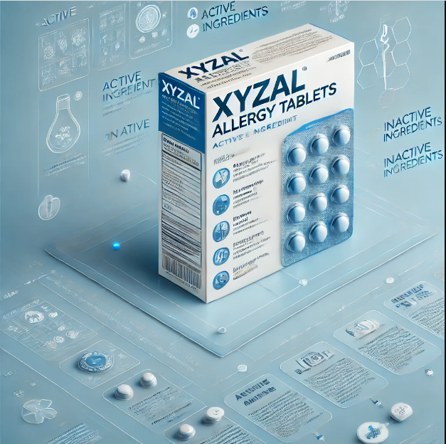 A box of Xyzal allergy tablets with a list of active and inactive ingredients explaining their purpose.