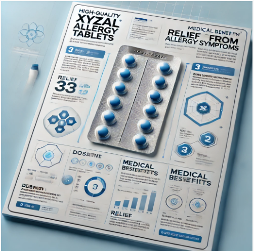 A pack of Xyzal allergy tablets with dosage instructions and medical benefits explained.