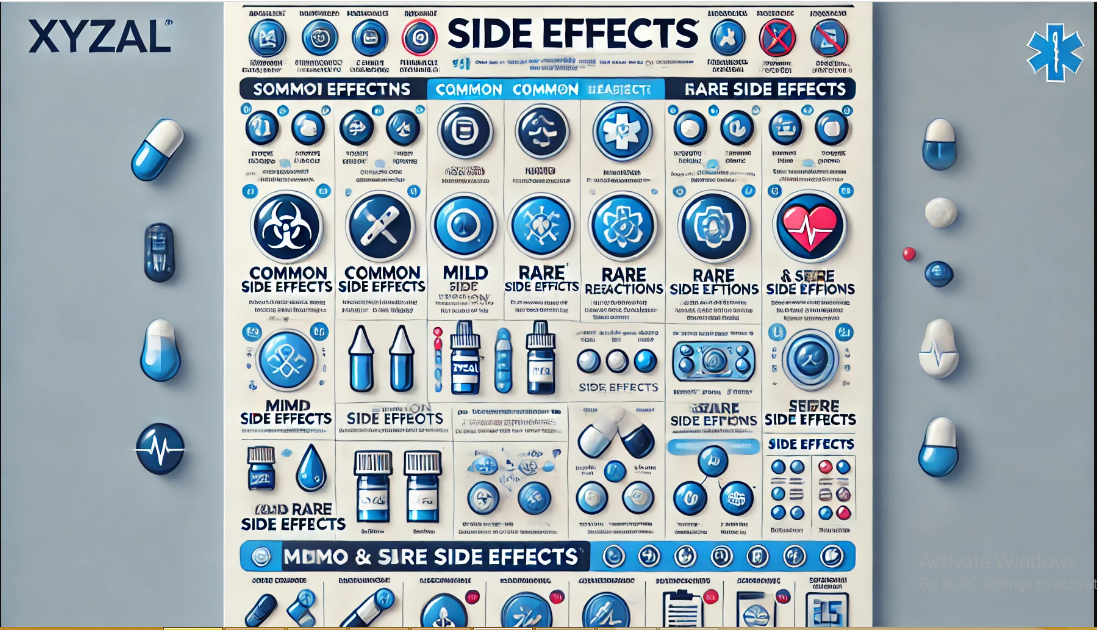 A chart displaying common and rare side effects of Xyzal highlighting mild and severe reactions.