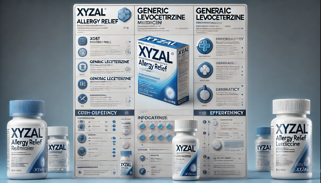 A box of Xyzal allergy relief medicine next to a bottle of generic Levocetirizine comparing cost and effectiveness.