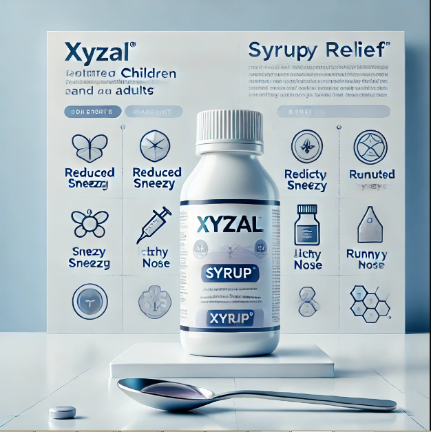 Bottle of Syrup XYZAL with a dosage spoon used for allergy treatment.