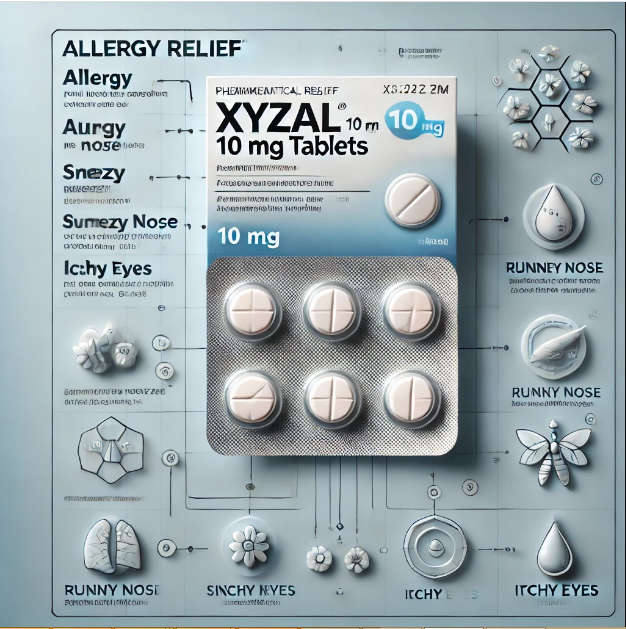 A pack of XYZAL 10 mg tablets with usage instructions and allergy relief information.