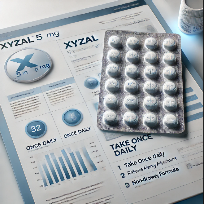 A strip of XYZAL 5 mg tablets with labeled dosage instructions and benefits.