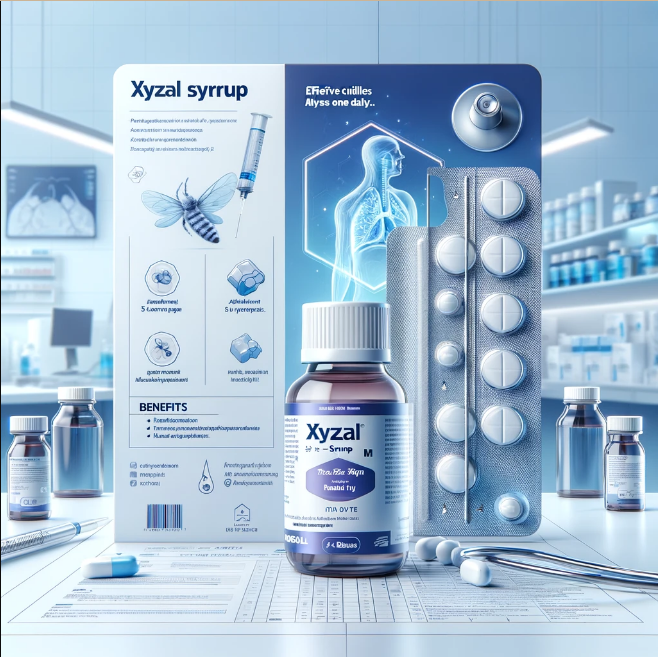 A bottle of XYZAL Syrup Pack of XYZAL M Tablets with dosage instructions and benefits described.