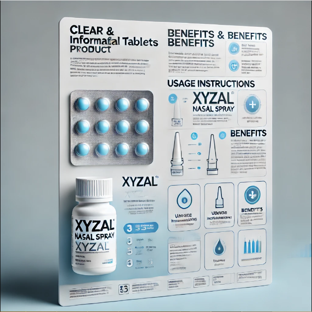 A pack of XYZAL Tablets with dosage instructions bottle of XYZAL Nasal Spray with instructions for use and benefits described.